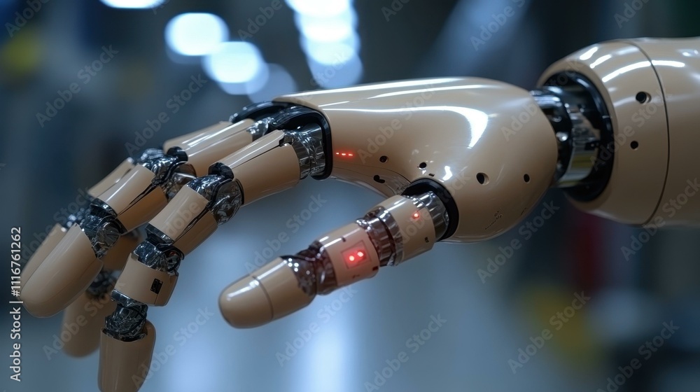 Poster futuristic robotic hand with metallic fingers and glowing red sensor touching surface, advanced tech