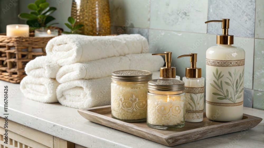 Poster glazed jars in varying sizes hold bath essentials their artisanal charm harmonizing with fluffy whit