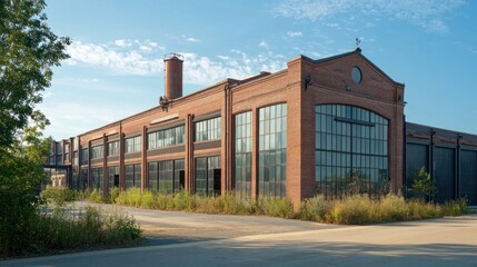Obraz premium Majestic Brick Factory Building under a Summer Sky