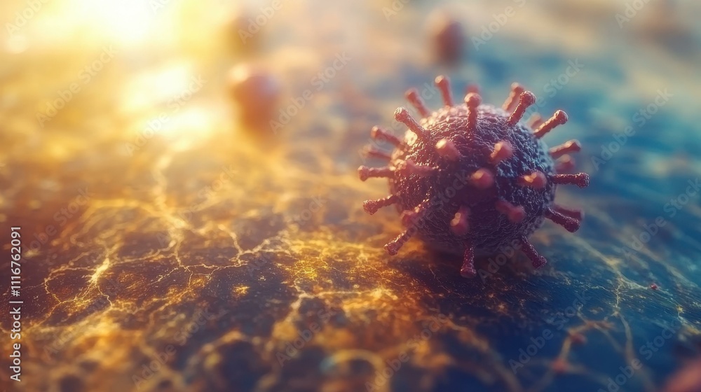Poster close-up of virus particle with spikes on textured surface, microscopic view for healthcare, science