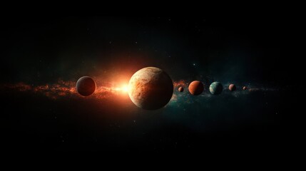 A stunning cosmic scene showing multiple planets in alignment against a backdrop of deep space,...
