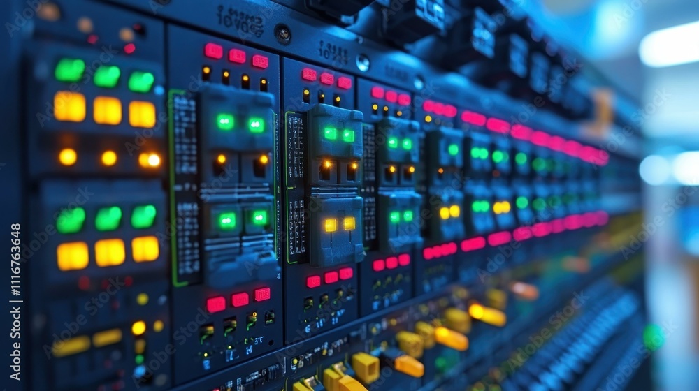 Aufkleber close-up of professional sound mixing console with colorful illuminated buttons and sliders in recor