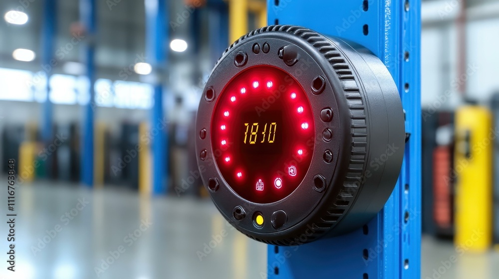 Poster industrial smart timer clock with red led countdown on blue metal beam, factory automation tool for 