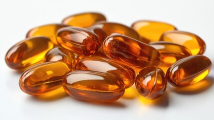Close-Up Image of Amber-Colored Soft Gel Capsules on White Background