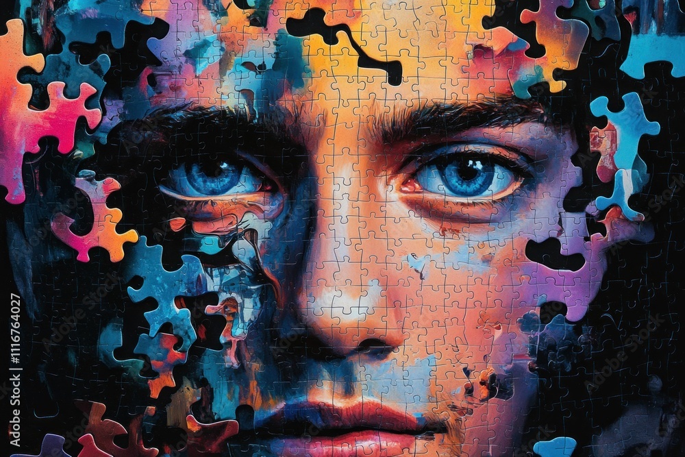 Poster puzzle art portrait of a young man s face with vibrant colors and intricate patterns blending into p