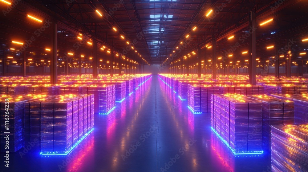Aufkleber futuristic data center with glowing neon server racks in symmetrical rows, technology network concep