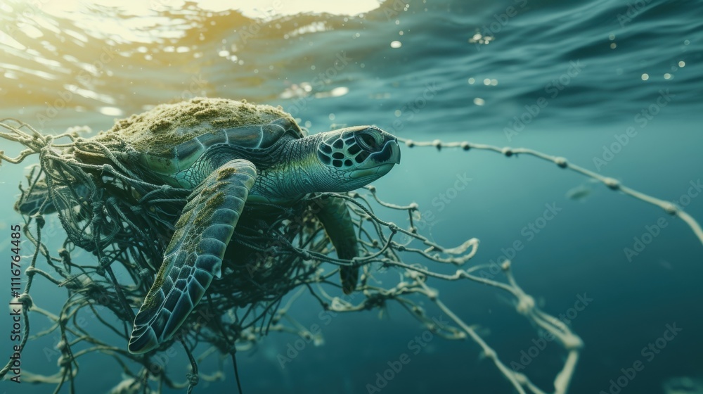Poster a sea turtle tangled in a m of tangled netting a discarded container sinking beside it and threateni