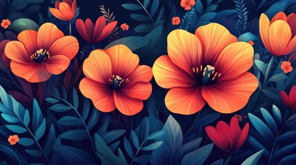 Obraz premium Image of Vibrant Orange and Red Flowers with Lush Green Foliage on Dark Background