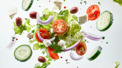 Greek salad ingredients, including tomatoes, cucumbers, red onions, olives, feta cheese, and lettuce, appear to be falling in mid-air on white background. close-up.