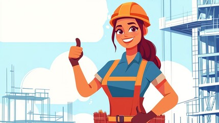 A cheerful female construction worker gives a thumbs up, showcasing confidence and positivity against a backdrop of construction scaffolding and blue skies.