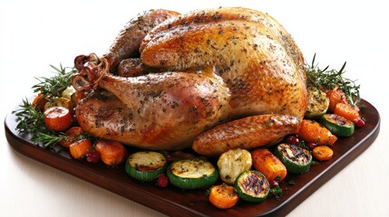 A beautifully roasted turkey surrounded by colorful vegetables on a wooden platter.