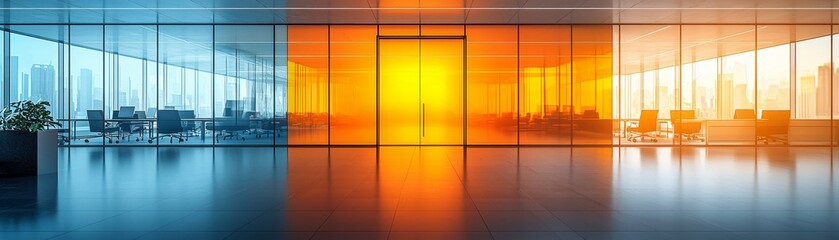 Fototapeta premium Modern Office Interior with Bright Glass Walls and Colorful Lighting in a Corporate Environment