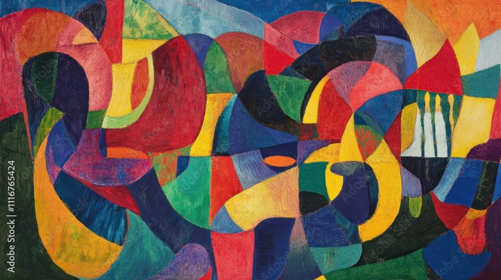Poster an abstract painting with repetitive patterns and rhythmic shapes in bold primary colors, evoking th