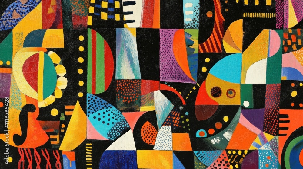 Poster an abstract painting with repetitive patterns and rhythmic shapes in bold primary colors, evoking th