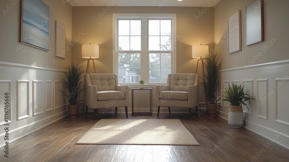 Aufkleber a well-lit hallway features two comfortable armchairs and a small table between them. plants add a t