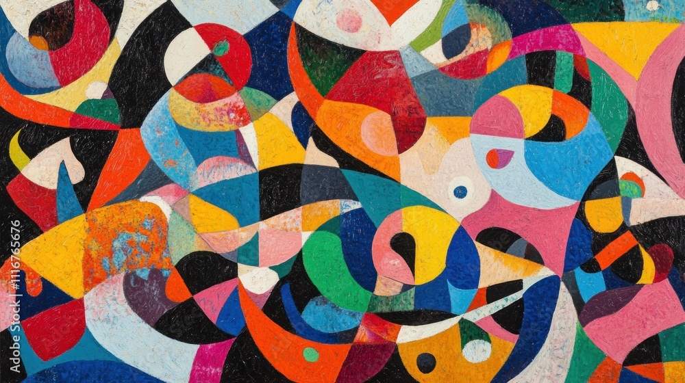 Poster an abstract painting with repetitive patterns and rhythmic shapes in bold primary colors, evoking th