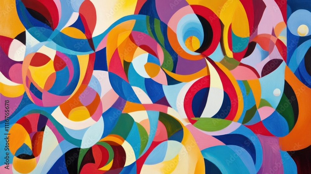 Poster an abstract painting with repetitive patterns and rhythmic shapes in bold primary colors, evoking th