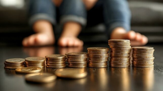 Monetization Fractional investing No buy year assest Income inequity Money market account Chip Savings Mozper Credgenics oncredit Stacked coins with child's feet blurred in background, saving concept
