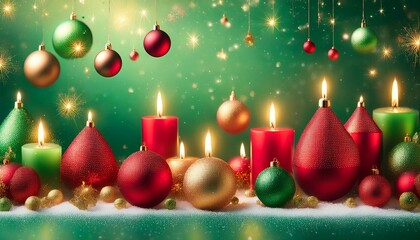 緑と赤の抽象的なテクスチャに光沢装飾が輝く華やかなクリスマスデザイン
