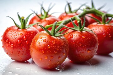 Exquisite tilt-shift photography captures glistening red ripe tomatoes on the vine, showcasing water droplets&acirc;&euro;&rdquo;ideal for fresh produce, organic farming, and culinary inspiration.