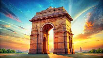 Fototapeta premium Extraordinary illustration of the India Gate in New Delhi, blending its historical significance with architectural marvels, set against a transparent background for a unique view.