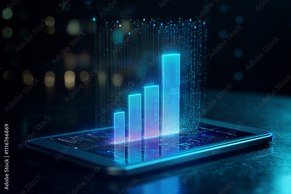 Poster glowing holographic bar chart emerges from tablet, symbolizing futuristic data visualization and technology innovation