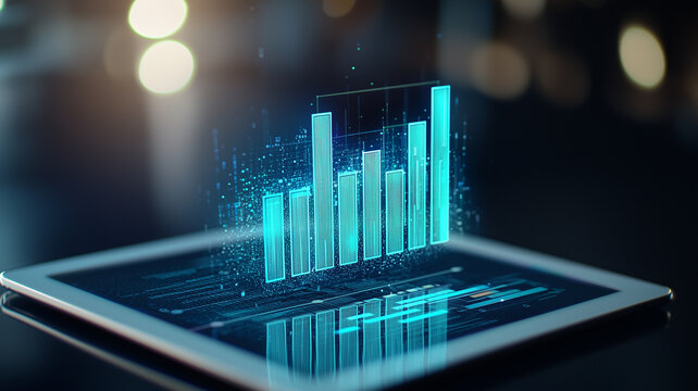 glowing holographic bar chart rises from tablet, symbolizing futuristic data analysis and technology innovation