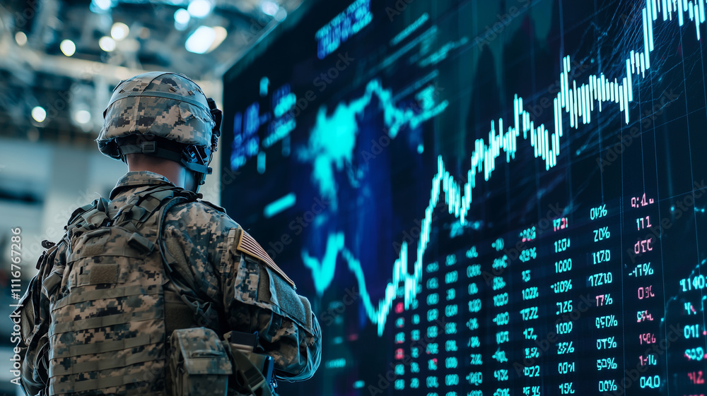 Poster soldier in uniform stands in front of large digital stock market display, symbolizing intersection o