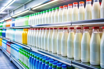 Fototapeta premium Fresh dairy products line the refrigerator in a grocery store, where milk bottles are neatly arranged, creating an inviting shopping experience with a clean, organized appearance.