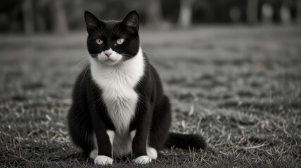 Black and white cat sitting outdoors on grass.