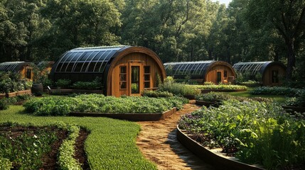 Eco-friendly wooden tiny houses with curved roofs, surrounded by lush green gardens and vegetable patches, sustainable living concept, rural countryside environment, peaceful natural setting, outdoor