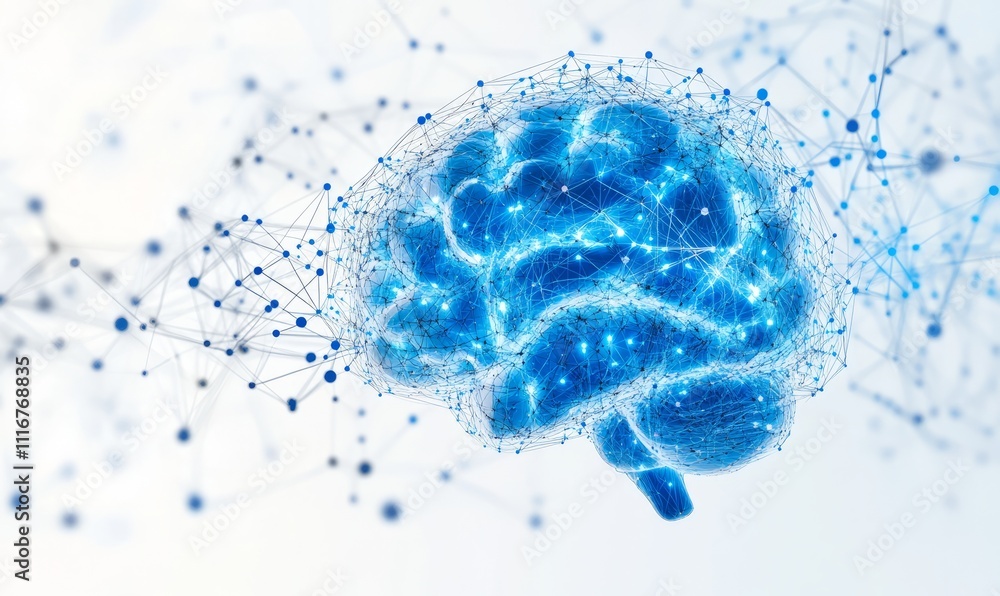 Poster a futuristic design of floating neural nodes implies digital intelligence on a white background