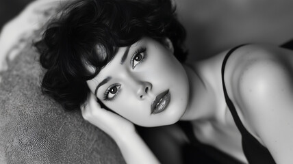 Naklejka premium Elegant Black and White Portrait of a Relaxed Woman with Captivating Eyes