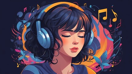 Naklejka premium illustration of a person with headphones who is completely into the music and the moment. As if in another world. Surrounded by music notes and symbols. Creative, art and music concept.