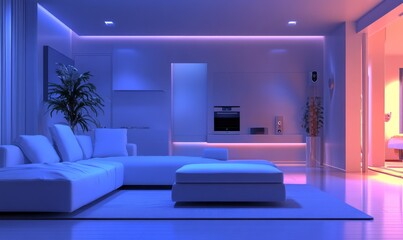 A modern living room where subtle technology devices are integrated seamlessly, like a smart thermostat, remote control appliances, and security.