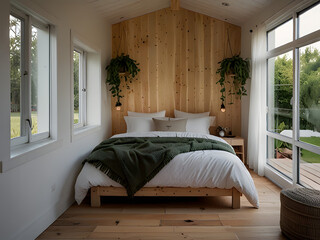 Tiny Home Small Bedroom with White Bed, White Textures, Pastel Colors, and Green Nature View