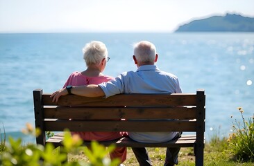 Elderly couple sitting on bench on the embankment, back view.