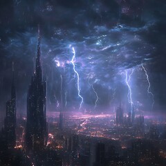 Obraz premium Futuristic city skyline under a dramatic thunderstorm with lightning strikes.