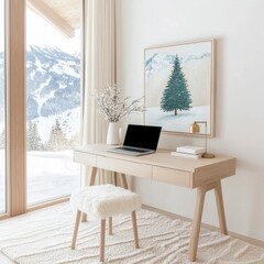 Fototapeta premium Modern home office with laptop and holiday decor, snowy mountain view - aesthetic content for instagram feed, template design and brand marketing