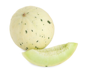 Whole and cut fresh ripe melons isolated on white