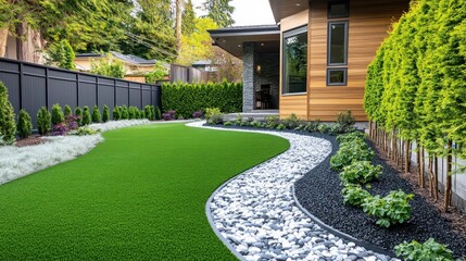 Obraz premium Modern backyard with artificial turf, curved gravel pathway, and lush landscaping.