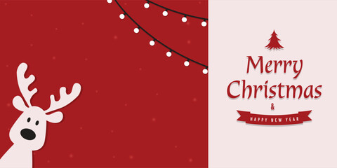 Cute Christmas reindeer on a red background. Christmas background, banner, or card. Vector Unique Xmas design.