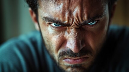 Fototapeta premium A man with a fierce expression reflects in a softly lit environment, revealing his inner turmoil and determination. His piercing gaze captures a moment of intense contemplation