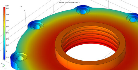 Metal cover, wheel drawing. Computer technic  3d modeling of steel mechanical part with hole and thread. Thermal cad analysis. Investigation of temperature distribution on surface of mechanical part. © TKalinovskaya