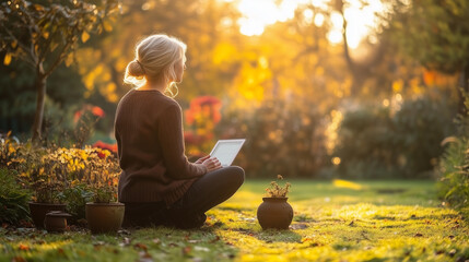 a woman studying and working outdoor with a tablet and laptop in a garden surrounded by plants emphasizes the importance of sustainable education and renewable energy