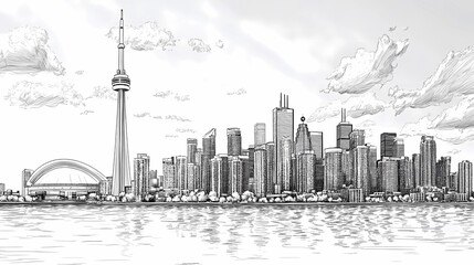 A black and white detailed sketch of Toronto city with skyscrapers