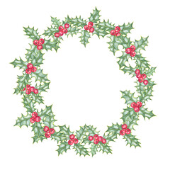 Holly wreath with lush green leaves and bright red winter berries. Ilex round frame watercolor clipart. Perfect for Christmas-themed designs, holiday cards, wrapping paper, and festive merchandise