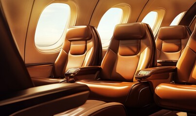 Obraz premium Business jet cabin interior with leather seats. luxury. Business travel transportation.