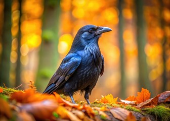 Obraz premium In the heart of the forest, a majestic raven perches gracefully, its dark feathers blending with nature's beautyâ€”an inspiring sight for wildlife photography and avid birdwatchers.