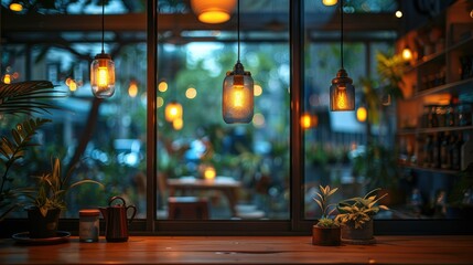 Warm cafe interior with hanging lights, plants, and blurred background.